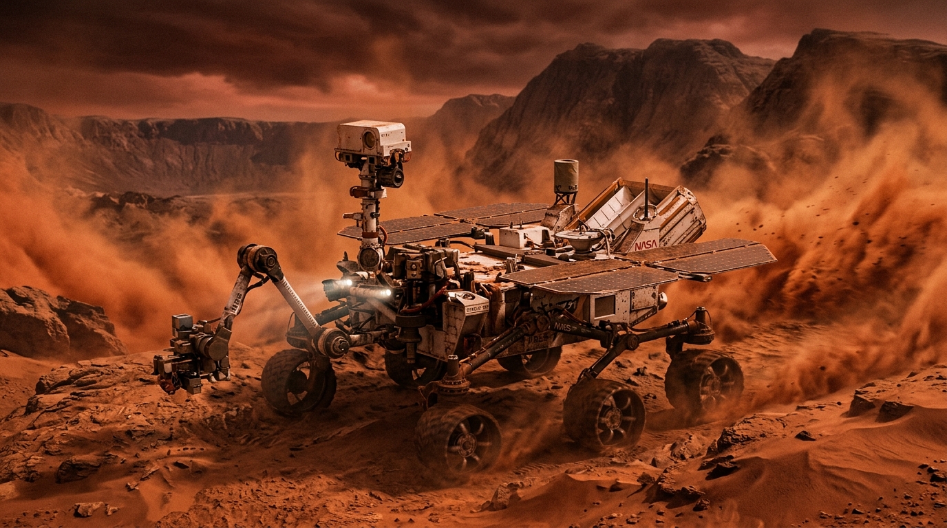 Rover ARES-5 sur Mars sous la tempête de sable